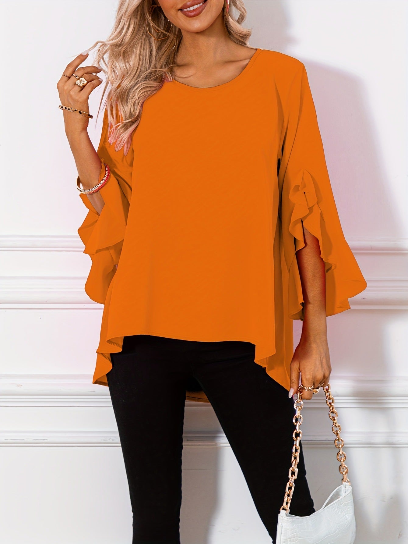 Solid Color Round Neck Shoulder Ruffle Sleeve Irregular Women's Top