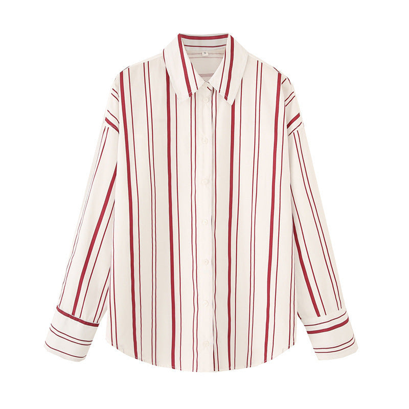 Striped Poplin Cotton Long-sleeved Lapel Shirt - Hat