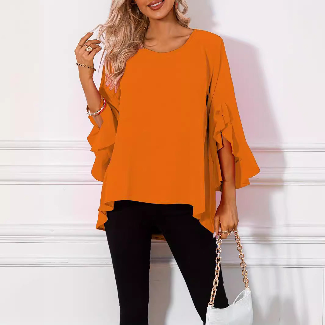 Solid Color Round Neck Shoulder Ruffle Sleeve Irregular Women's Top