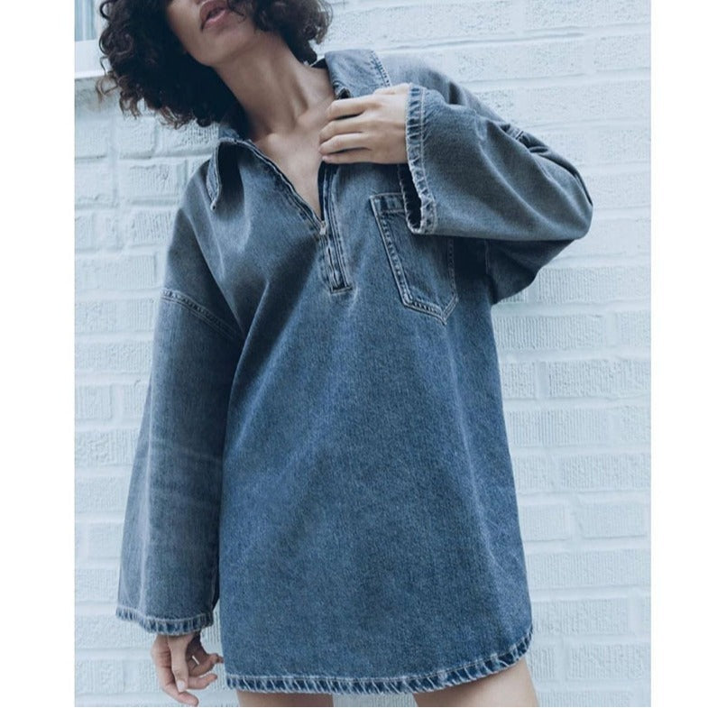 Lapel Patch Pocket Bell Sleeve Denim Dress - Blue / XS - Shirt