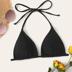Women's Summer Bikini Crop Top – Solid Halter Neck Bandage Style Swimwear for Beachwear & Poolside