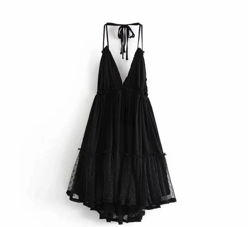 Halter Backless Mesh Stitching Dress Suspender Skirt