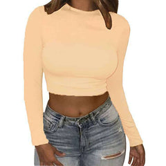LOPILY Women’s Solid Round Neck Long Sleeve Crop Top