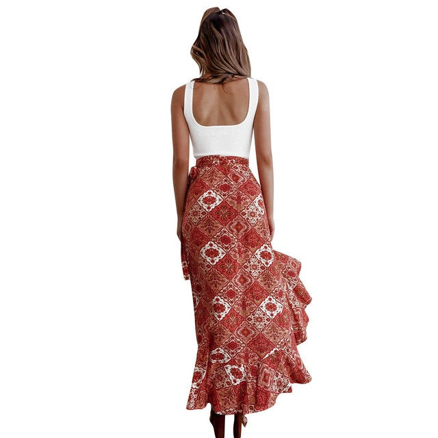 Women's Vintage Boho Maxi Skirt – Yellow Floral Print Rayon Cotton Beachwear with Ruffles and Asymmetrical Split
