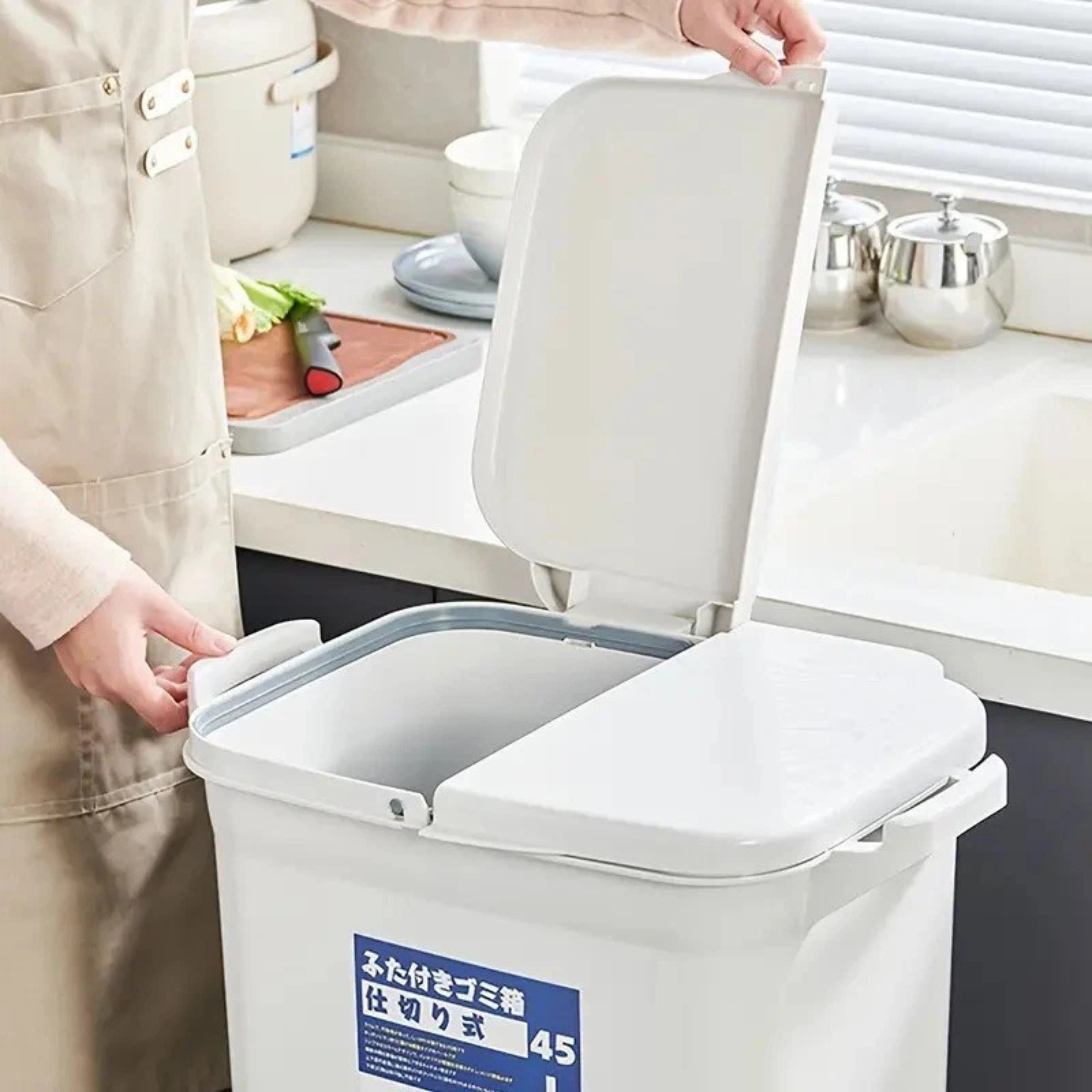 Dual-Compartment Rolling Kitchen Bin 83L - Wheeled Waste Trolley, Grey