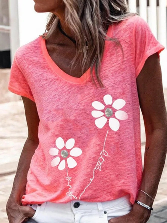 Ladies’ Tops Printed V-neck Short-sleeved T-shirt Women - Red / 2XL - Clothing