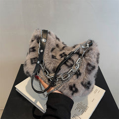 Winter Plush Bags Chain Shoulder Bag Women Flowers Print Handbags - Clothing