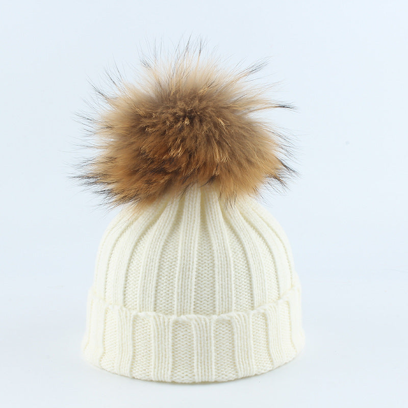 Parent-Child Children Raccoon Dog Fur Ball Hat Thermal Knitting - White / Adult 55to60cm - Hat