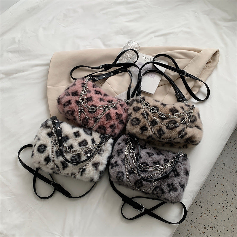 Winter Plush Bags Chain Shoulder Bag Women Flowers Print Handbags - Clothing