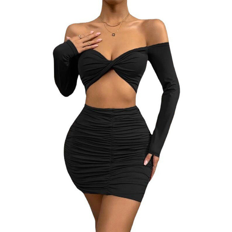 European American Summer New Cropped Top Ruffle Hip Skirt Suit Women