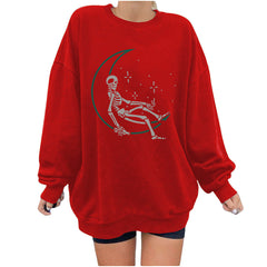 Skull Star Women's Sweater Printed Women's Shoulders Large Size Round Neck Fleece Sweater Women