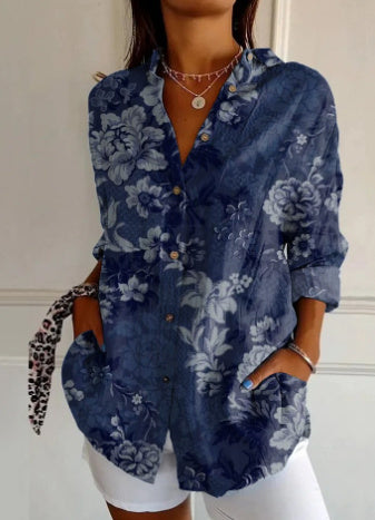 Women’s Color Matching Casual Loose Button Digital Printing Shirt - YK2158NY / 2XL - Hat