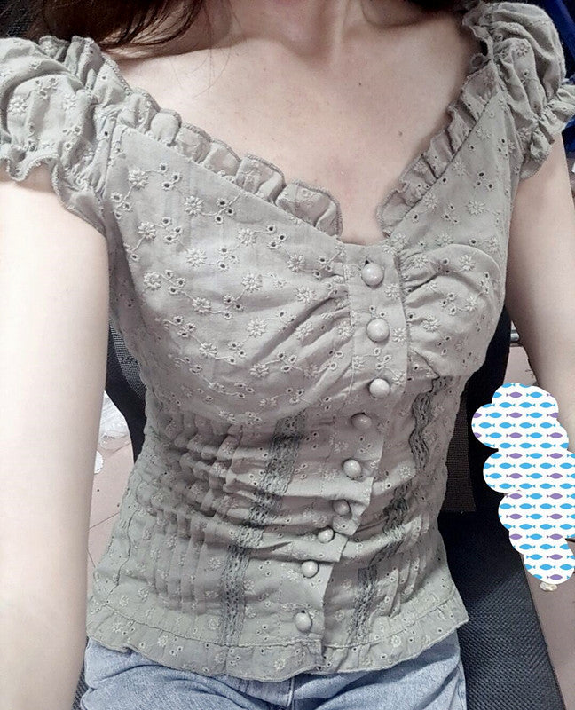 New Pleated Shoulder Button Fold Over Lace Bodice