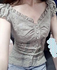 New Pleated Shoulder Button Fold Over Lace Bodice