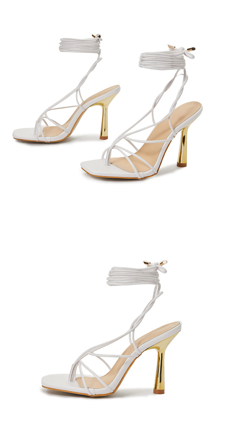 Square Toe Metal Stiletto Heel Cross Strap Thong Fashion Roman Sandals Women's Large Size