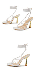 Square Toe Metal Stiletto Heel Cross Strap Thong Fashion Roman Sandals Women's Large Size