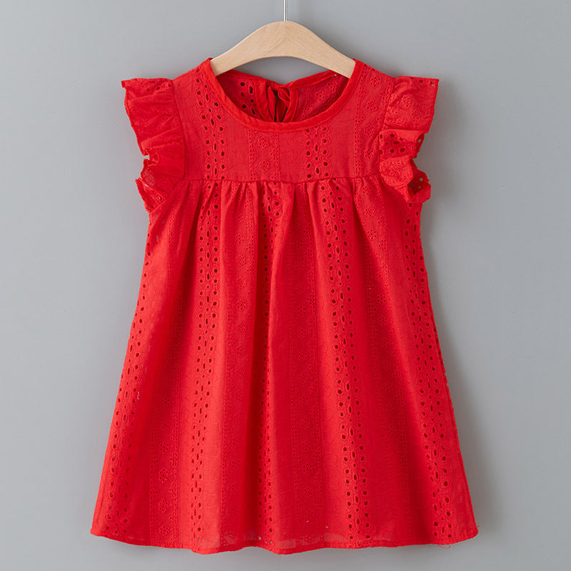 Girls' Solid Color Flying Sleeve Lace Dress
