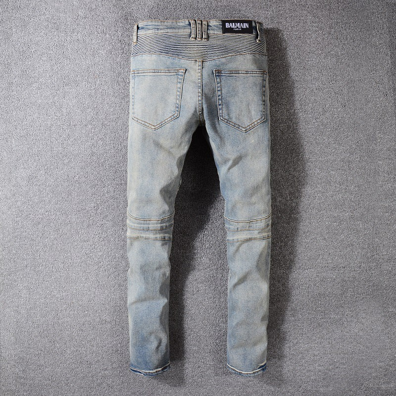 Balmain-Inspired Black Slim Fit Motorcycle Denim for Men