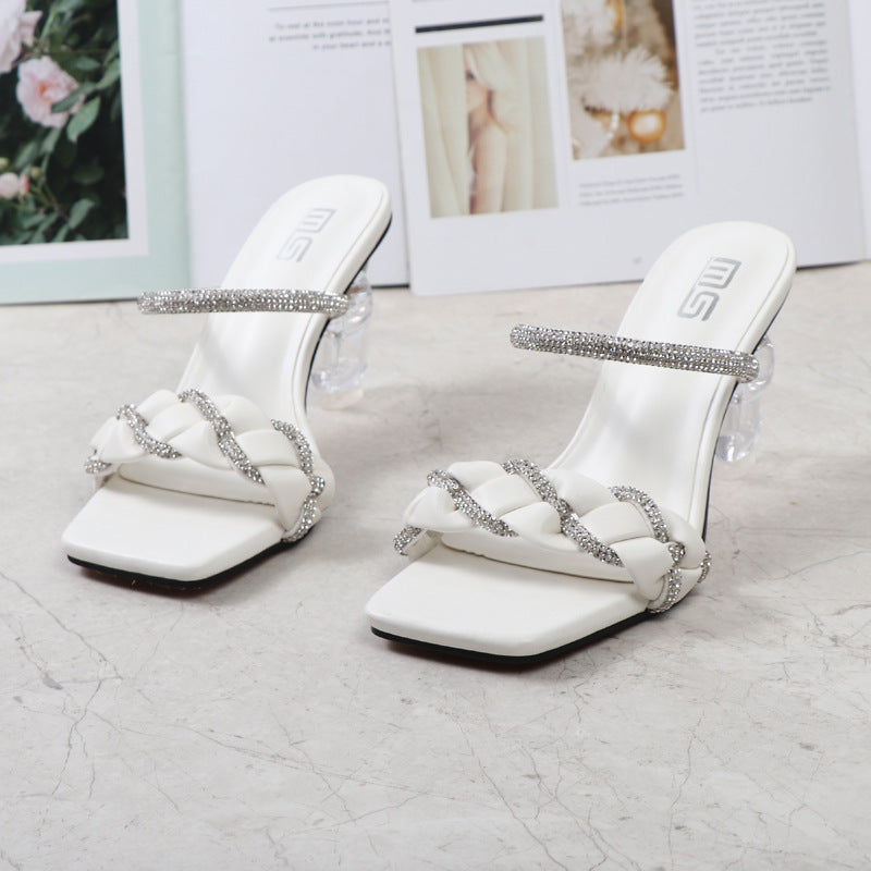 One Word With Rhinestone High-heeled Half Sandals