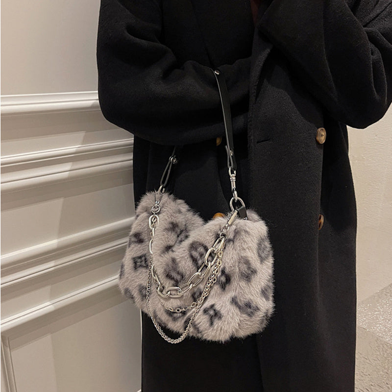 Winter Plush Bags Chain Shoulder Bag Women Flowers Print Handbags - Clothing