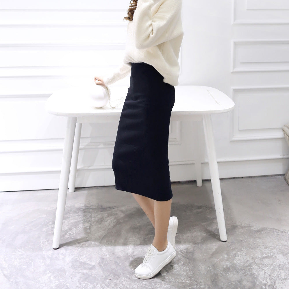 Women's Autumn Winter Bodycon Knit Skirt – Stretchable Mid-Calf Slim Pencil Skirt with Side Split