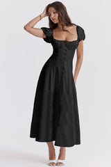 Summer Cross-border Puff Sleeve Solid Color High-end French Dress