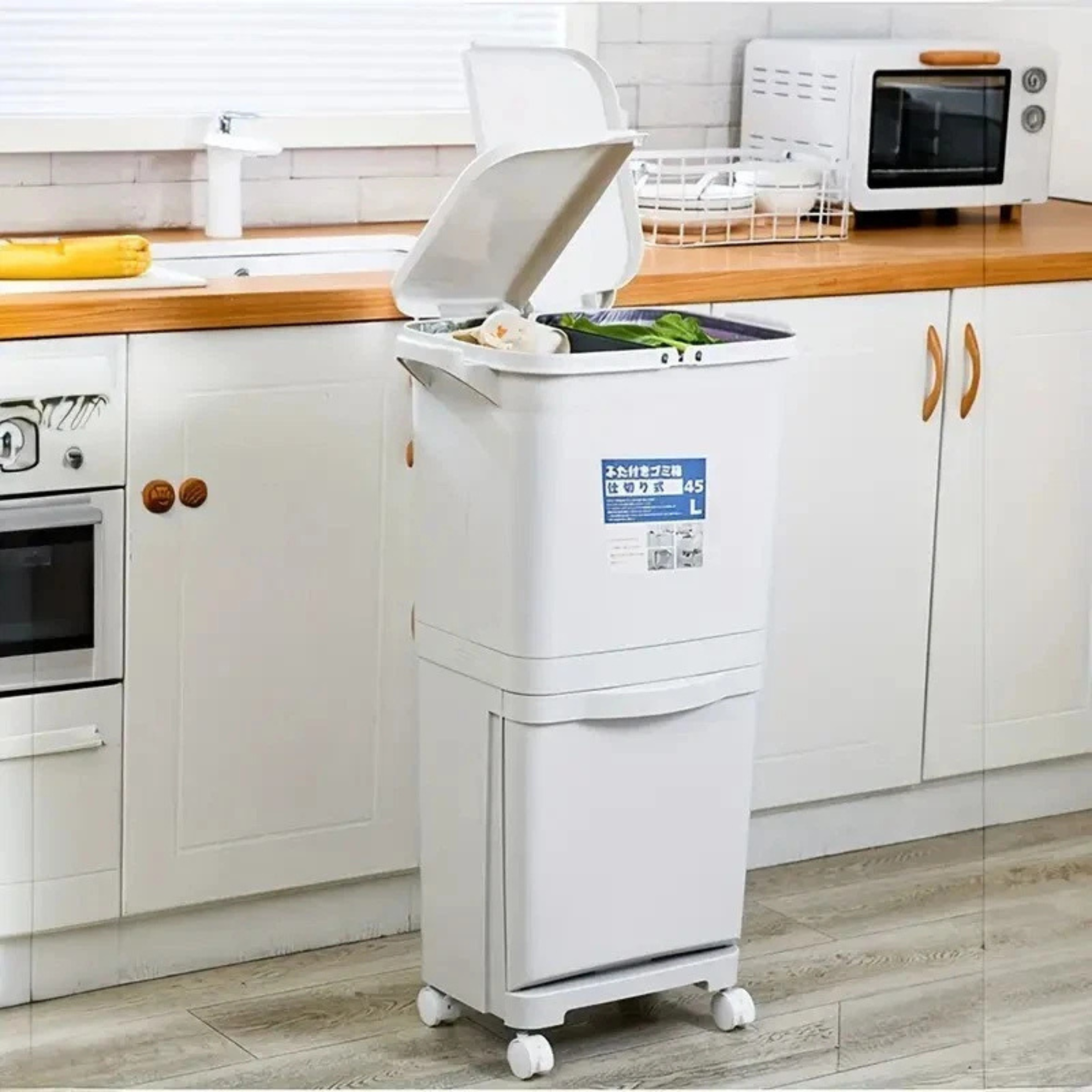 Dual-Compartment Rolling Kitchen Bin 83L - Wheeled Waste Trolley, Grey