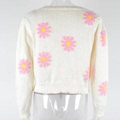 Fashion Floral Print Knit Sweater Round Neck Pullover Tops Women - Clothing
