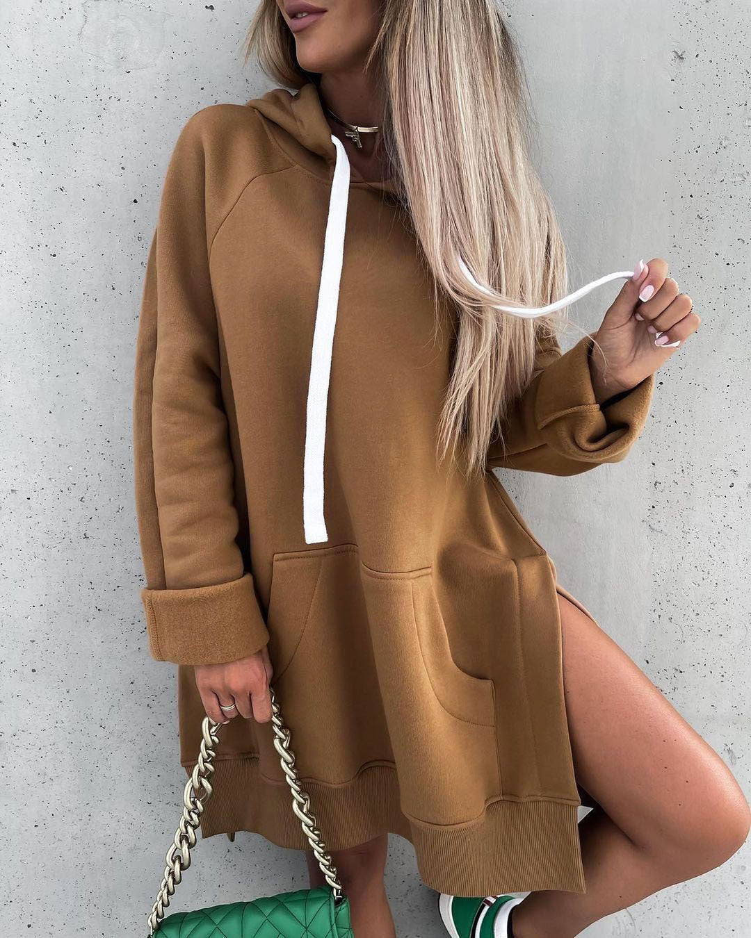 Fleece Loose Side Slit Hooded Long-sleeved Sweater Women's Clothing