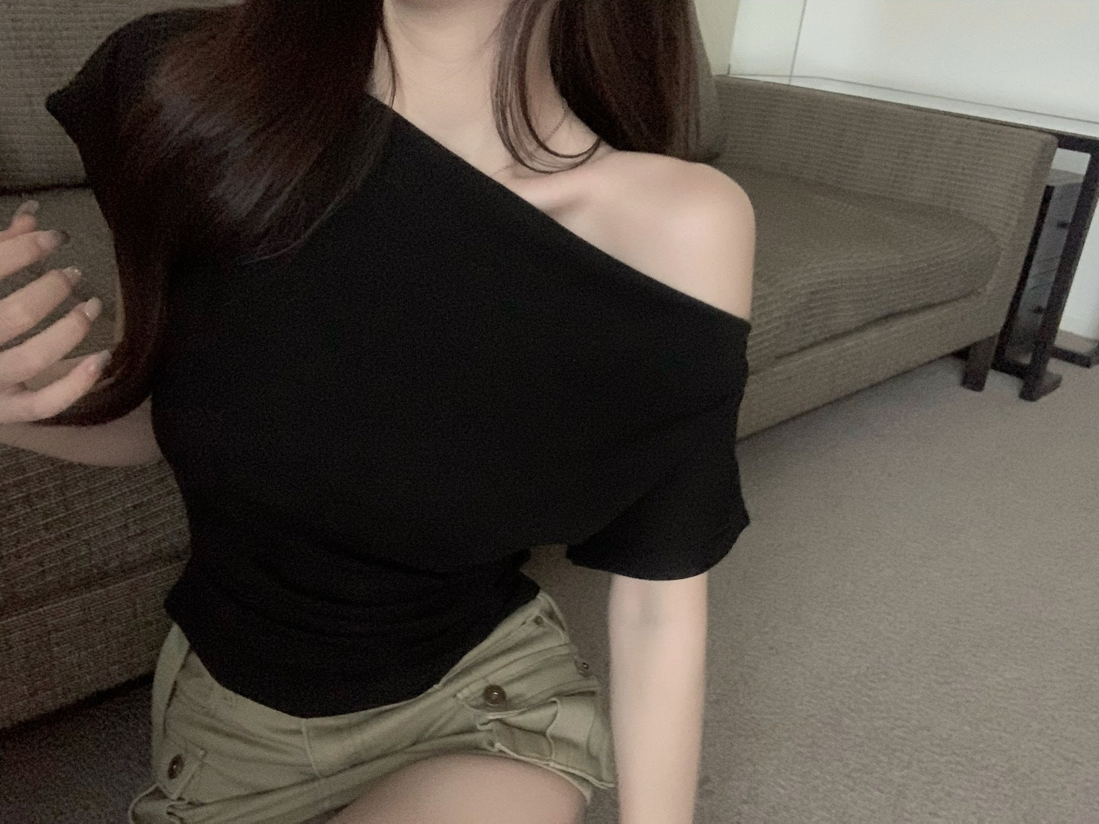 Women's Loose Short Sleeve Bat Sleeve One-Shoulder Top