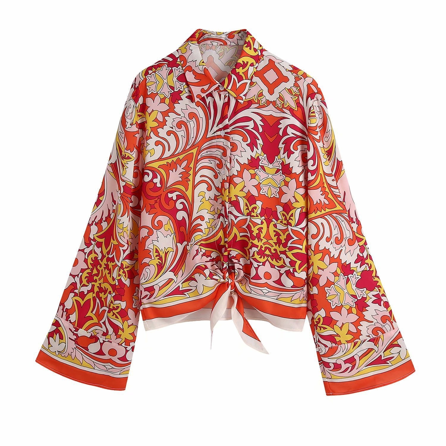 Lapel Long Sleeve Hem Knotted Shirt High Waist Print Short Style