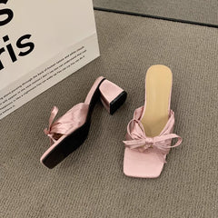 French Style High-grade Satin Bow Chunky Heel Sandals Women's Outer Wear  High Heels