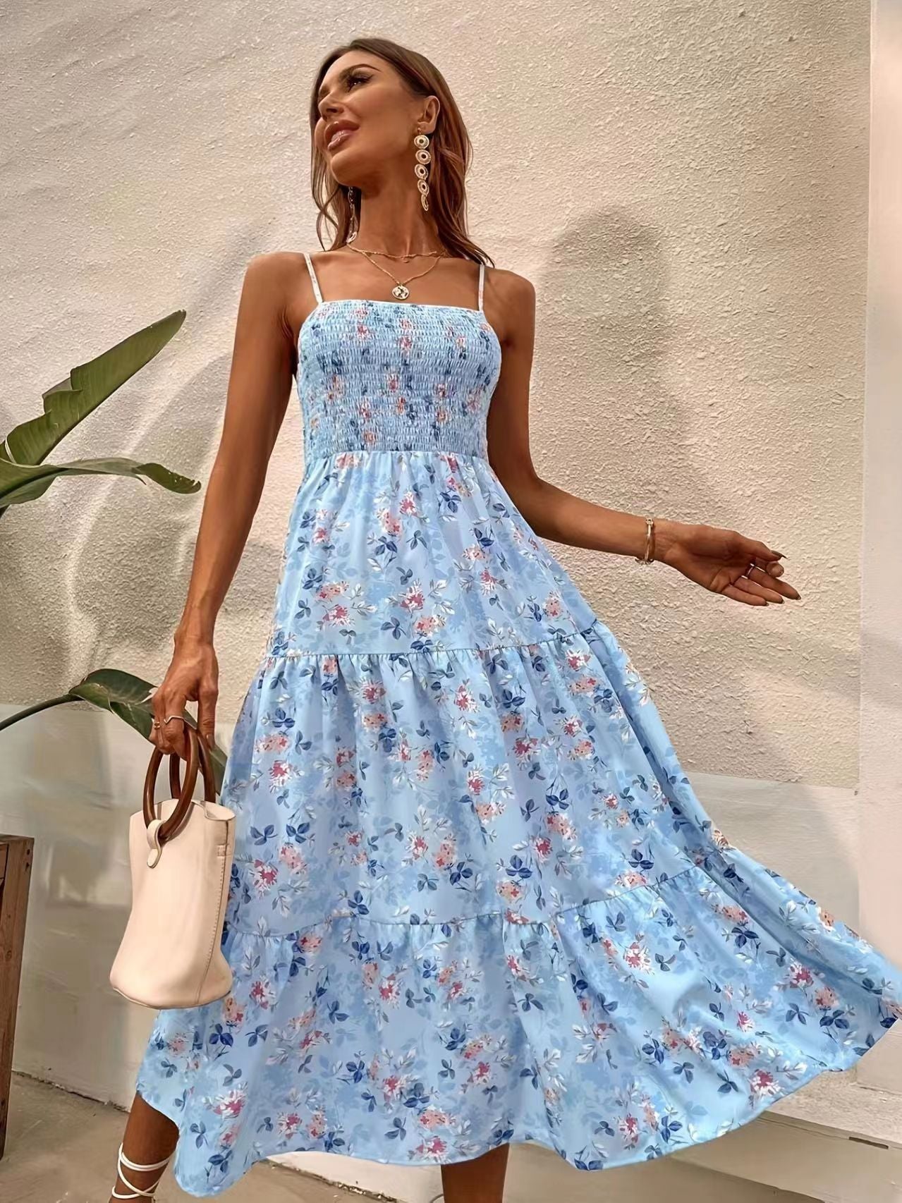 Floral Print Ruffle Hem Ruched Strap Dress – Summer Sleeveless Sundress for Women