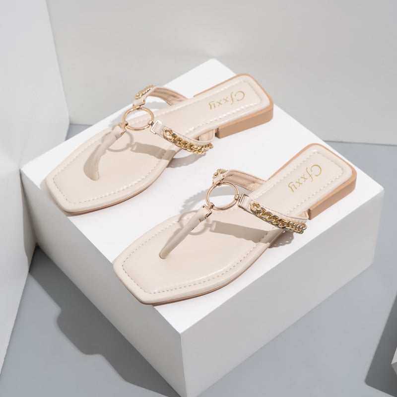 Fashion Chain Round Buckle Flip Flops Womens Low Heels  Sandals