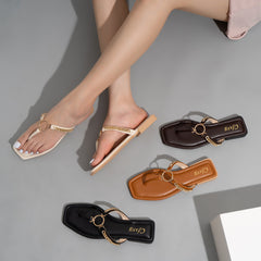 Fashion Chain Round Buckle Flip Flops Womens Low Heels  Sandals