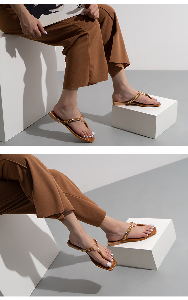 Fashion Chain Round Buckle Flip Flops Womens Low Heels  Sandals