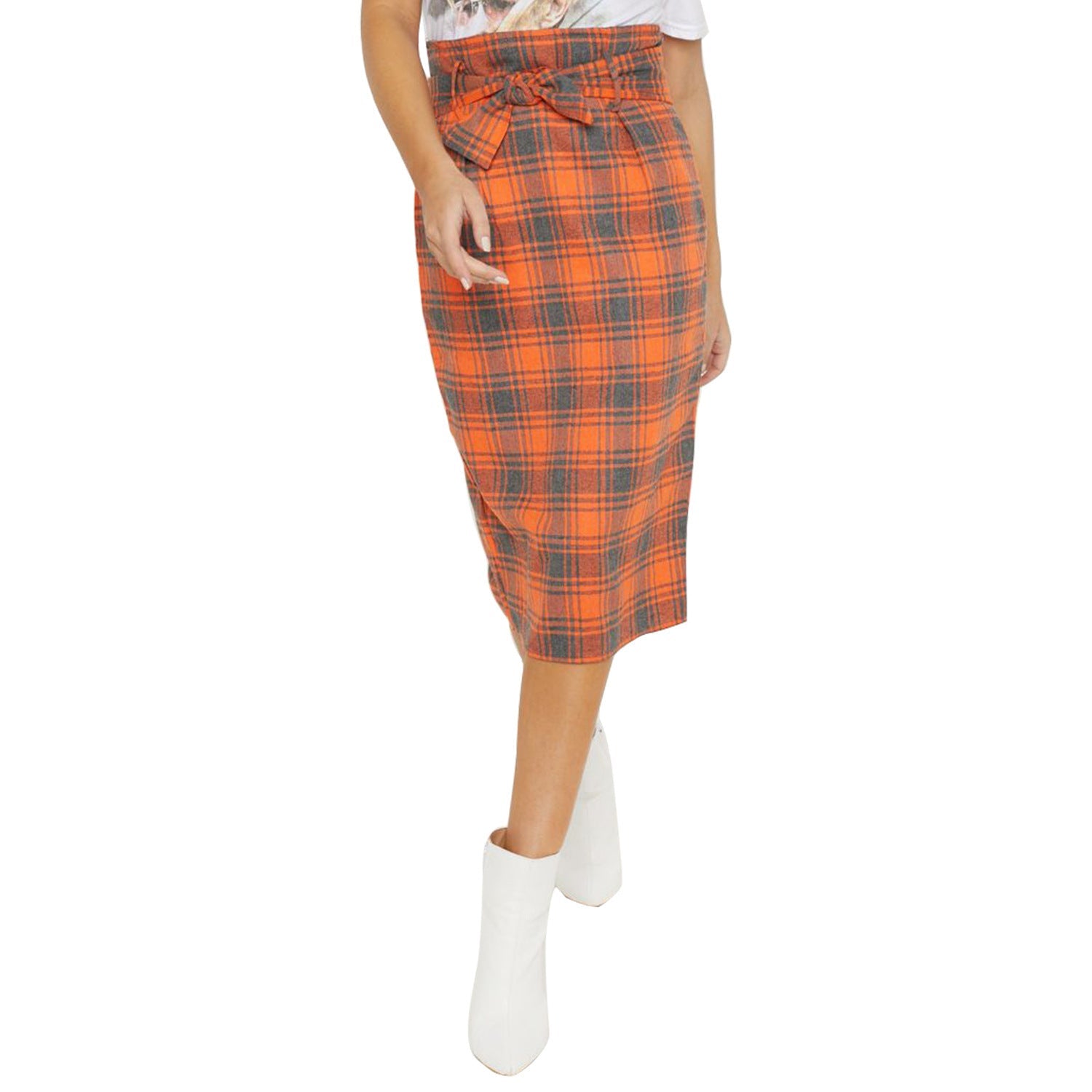 Plaid Midi Wild Belt A-line Skirt