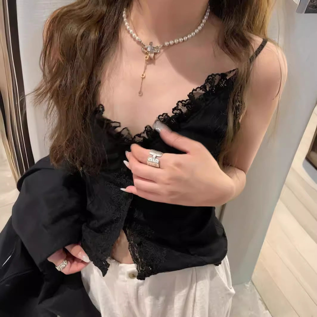 Lace Strap Stitching Solid Color Slim Single-breasted Versatile Holiday Pure Desire Summer New