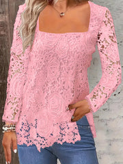 Fashion Long Sleeve Square Neck Tops Women Solid Color Floral Lace Shirt