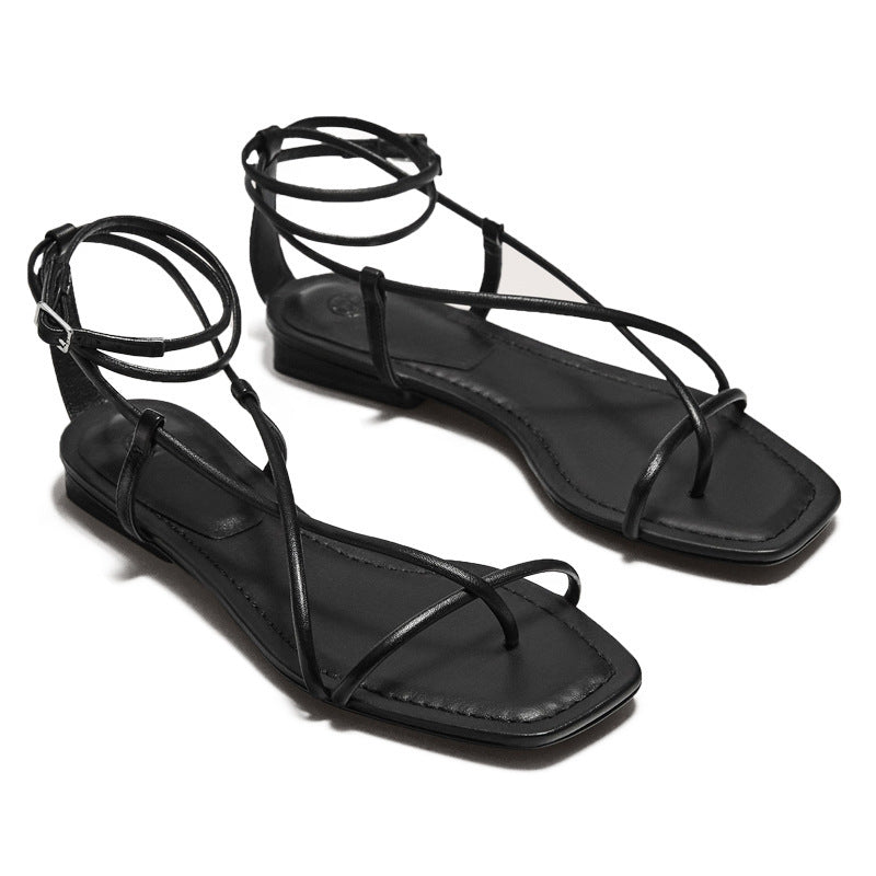 Multi-strap Flat Cowhide Sandals Lace-up Fashion Sandals Women's Shoes
