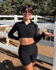 Zipper short long sleeve sweater Short Pants Set