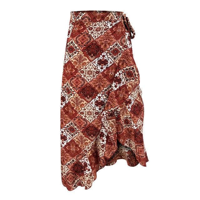 Women's Vintage Boho Maxi Skirt – Yellow Floral Print Rayon Cotton Beachwear with Ruffles and Asymmetrical Split