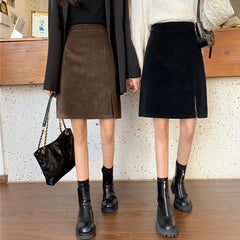 Plus Size Corduroy Skirt With High Waist Slits