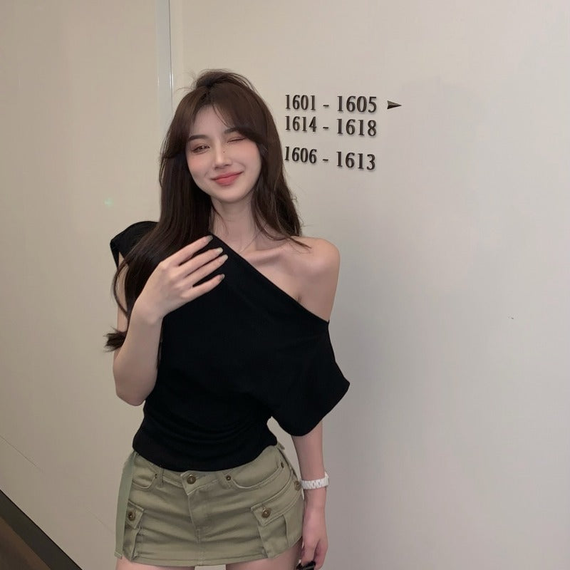 Women's Loose Short Sleeve Bat Sleeve One-Shoulder Top