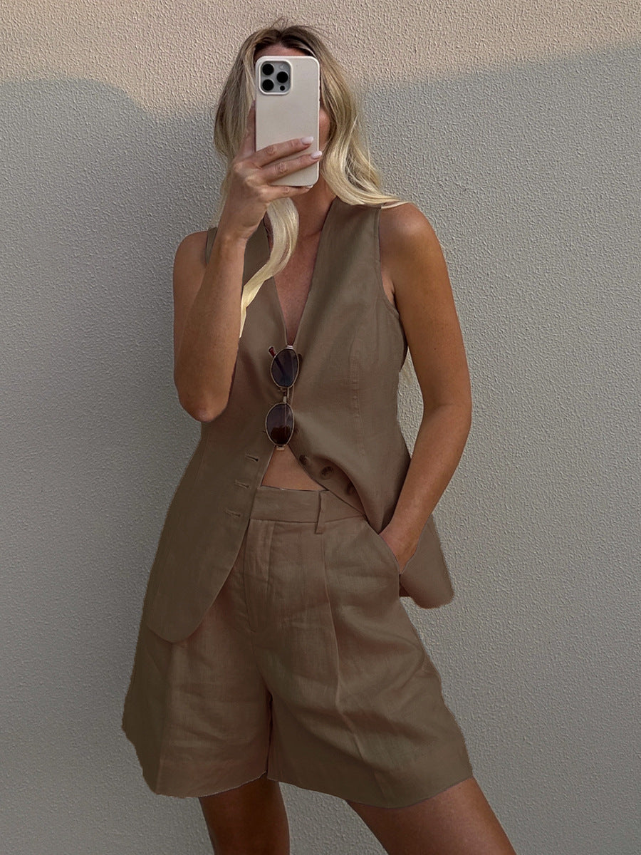 Cotton Linen Shorts Commuter Vest Shorts Suit