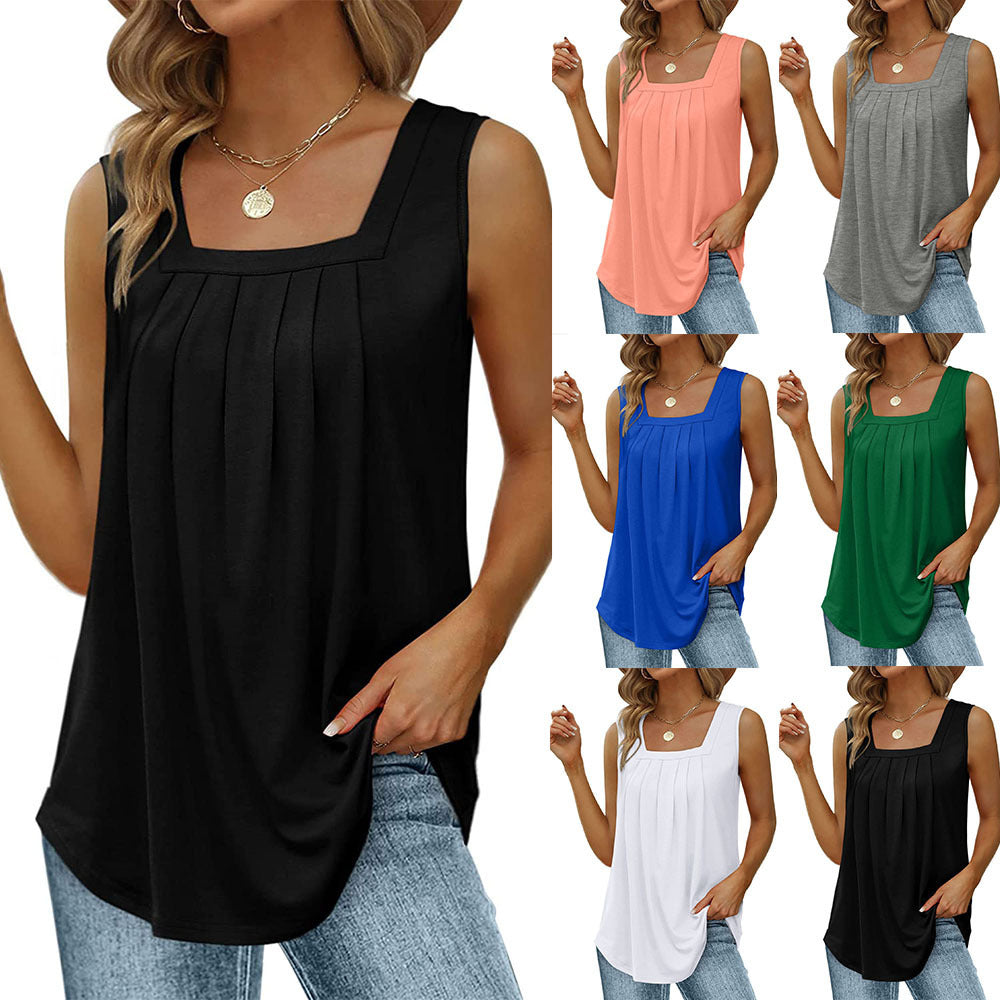 Summer Tank Tops For Women Loose Fit Pleated Square Neck Sleeveless Tops Vest T-shirt - Clothing