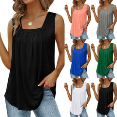Summer Tank Tops For Women Loose Fit Pleated Square Neck Sleeveless Tops Vest T-shirt - Clothing