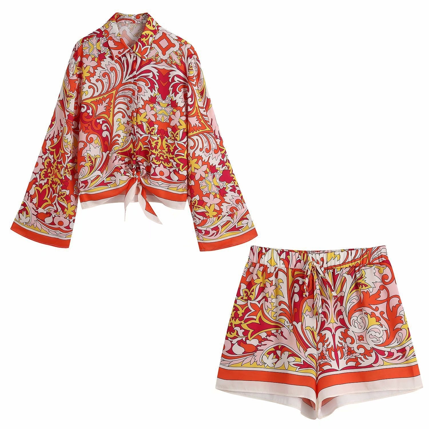 Lapel Long Sleeve Hem Knotted Shirt High Waist Print Short Style