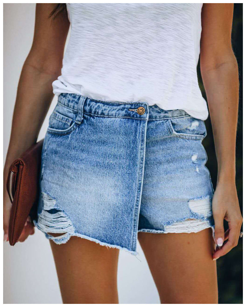 2025 New Women's Summer Casual Ripped Denim Shorts – Solid Color Hole Jeans Skirt-Style Shorts