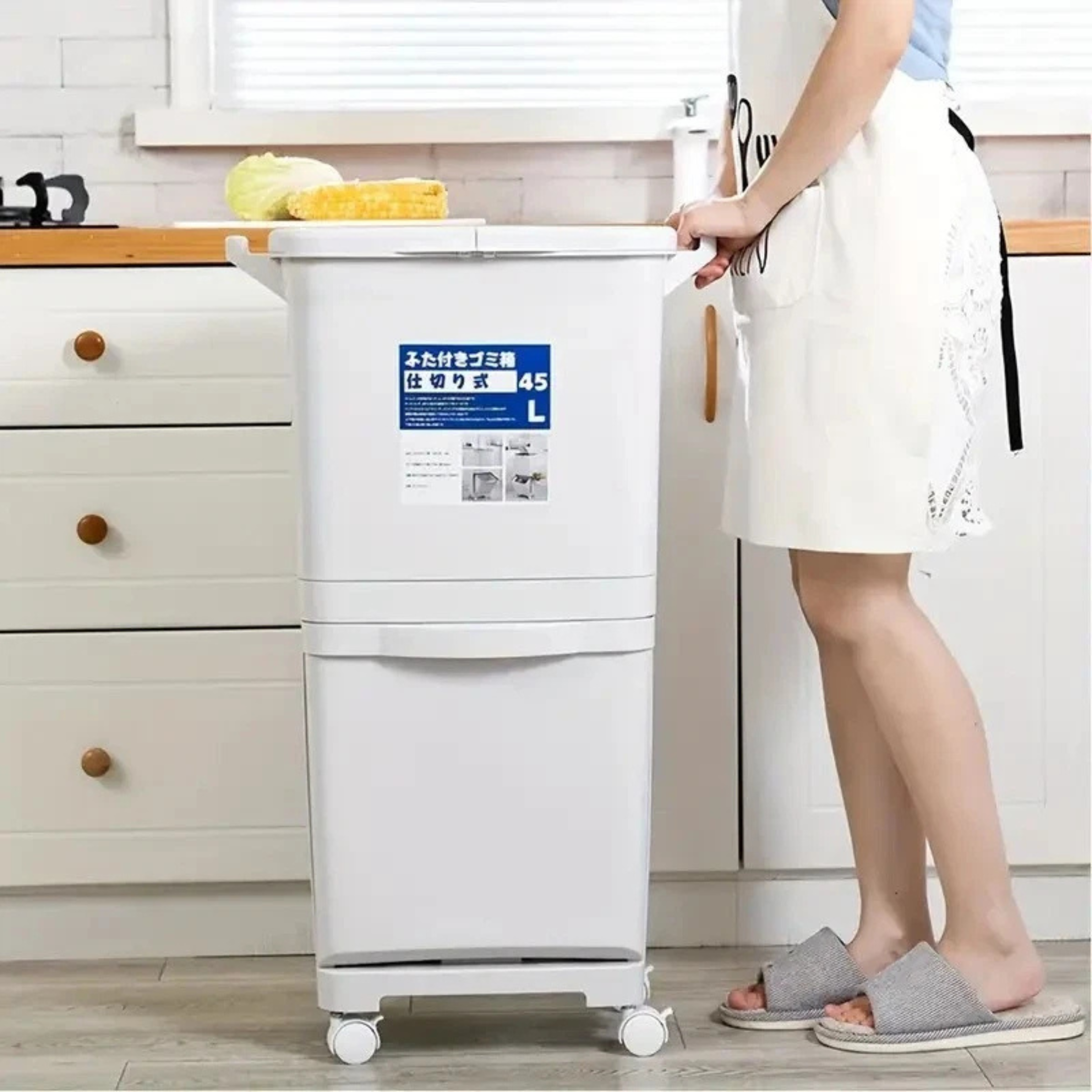 Dual-Compartment Rolling Kitchen Bin 83L - Wheeled Waste Trolley, Grey